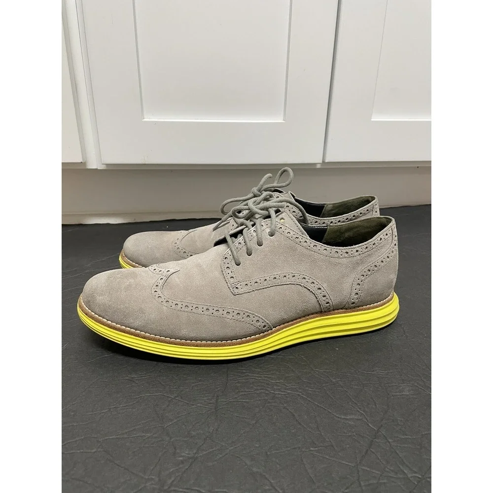 Cole Haan Preppy Lunargrand Lunarlon  Suede Gray Yellow Men Oxford Shoes Sz 12 M